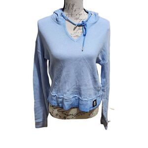 DKNY Ladies SZ Sm Blue Waffle Knit Long Sleeve Drawstring Hooded V-Neck Pullover